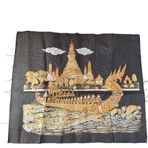 Thai Silk Art Embroidery Painting Wat Arun Temple Royal Barge Bangkok Black Gold